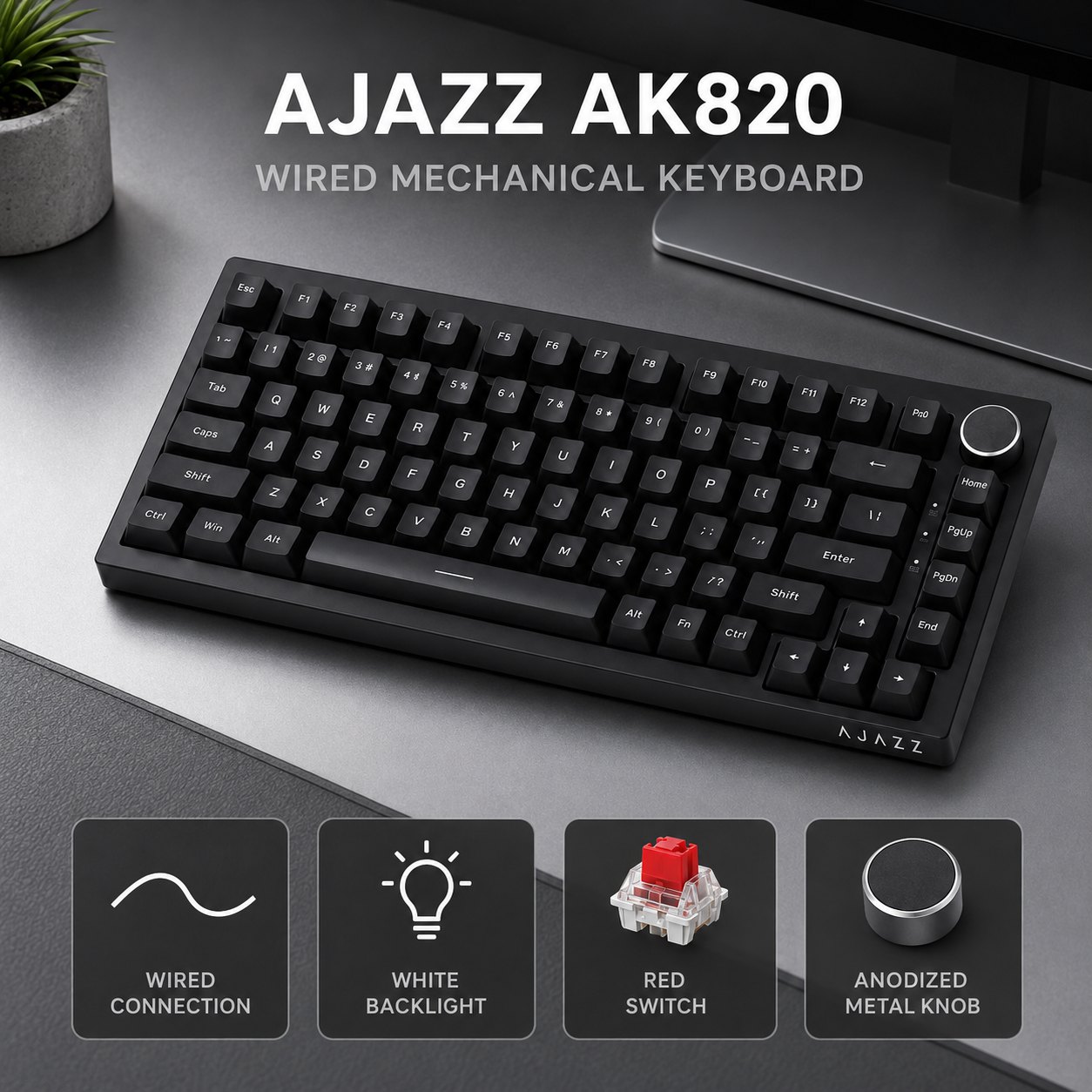 Gaming Keyboard Mini - AJAZZ AK820およびAK820PRO メカニカルゲーミングキーボード。75%レイアウト、PBT製OEMキーキャップ、RGBバックライト、全キー対応アンチゴースト機能、Type-C接続。